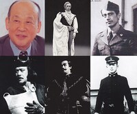 神山繁（左上）。上段中央から時計回りで「ハムレット」「思い出を売る男」「長い夜への旅路」「わが命つきるとも」「マクベス」。