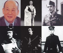 神山繁（左上）。上段中央から時計回りで「ハムレット」「思い出を売る男」「長い夜への旅路」「わが命つきるとも」「マクベス」。