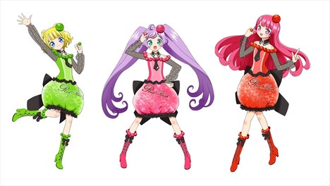 左からレッドフラッシュ うめぼしコーデのそふぃ、レッドフラッシュ かんじゅくコーデのらぁら、レッドフラッシュ あおうめコーデのみれぃ。