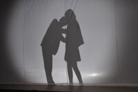 “カーテンの刑”を再現する中川大志（左）と飯豊まりえ（右）のシルエット。