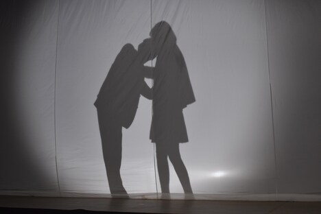 “カーテンの刑”を再現する中川大志（左）と飯豊まりえ（右）のシルエット。