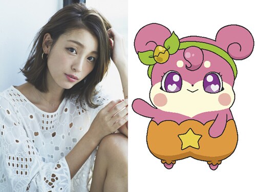 「映画かみさまみならい ヒミツのここたま 奇跡をおこせ♪テップルとドキドキここたま界」ゲスト声優の木下優樹菜（左）と、木下が声を当てるハピピナ（右）。