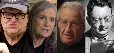 左からマイケル・ムーア、エイミー・グッドマン、ノーム・チョムスキー、I・F・ストーン。