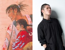 「無限の住人」主題歌を担当するMIYAVI（右）、原作コミックのイラスト（左）。