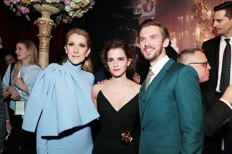 「美女と野獣」プレミアイベントの様子。左からセリーヌ・ディオン、エマ・ワトソン、ダン・スティーヴンス。