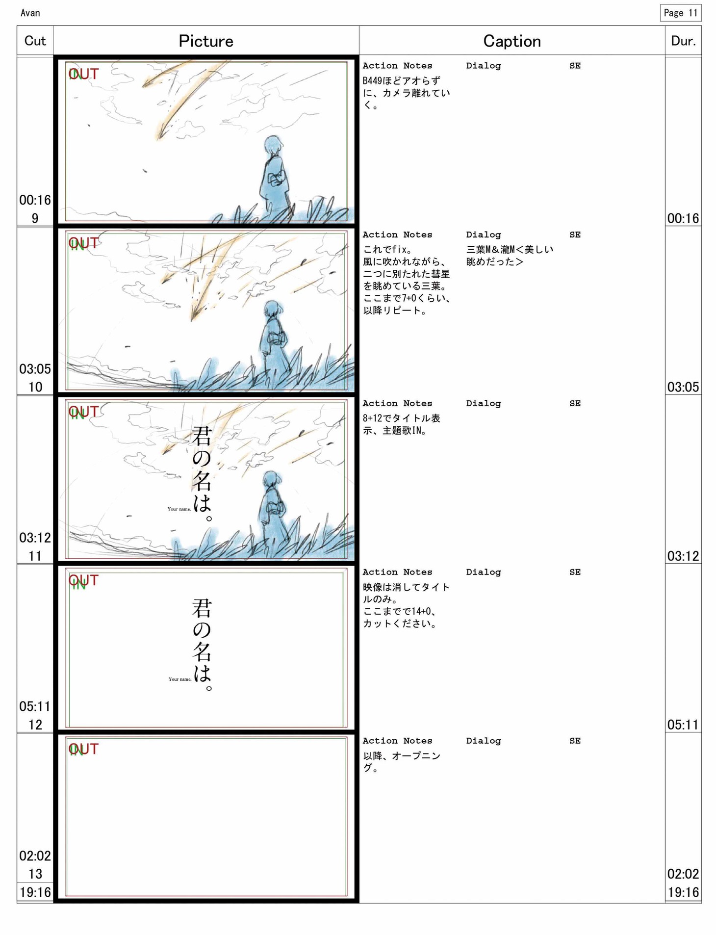 監督・新海誠による「君の名は。」の絵コンテ