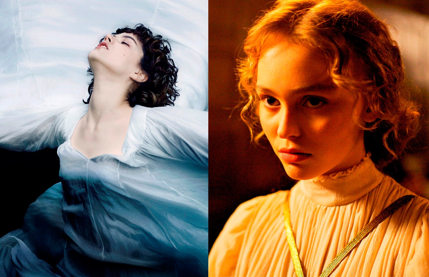 「ザ・ダンサー」よりソーコ演じるロイ・フラー（左）、リリー・ローズ・デップ演じるイサドラ・ダンカン（右）。