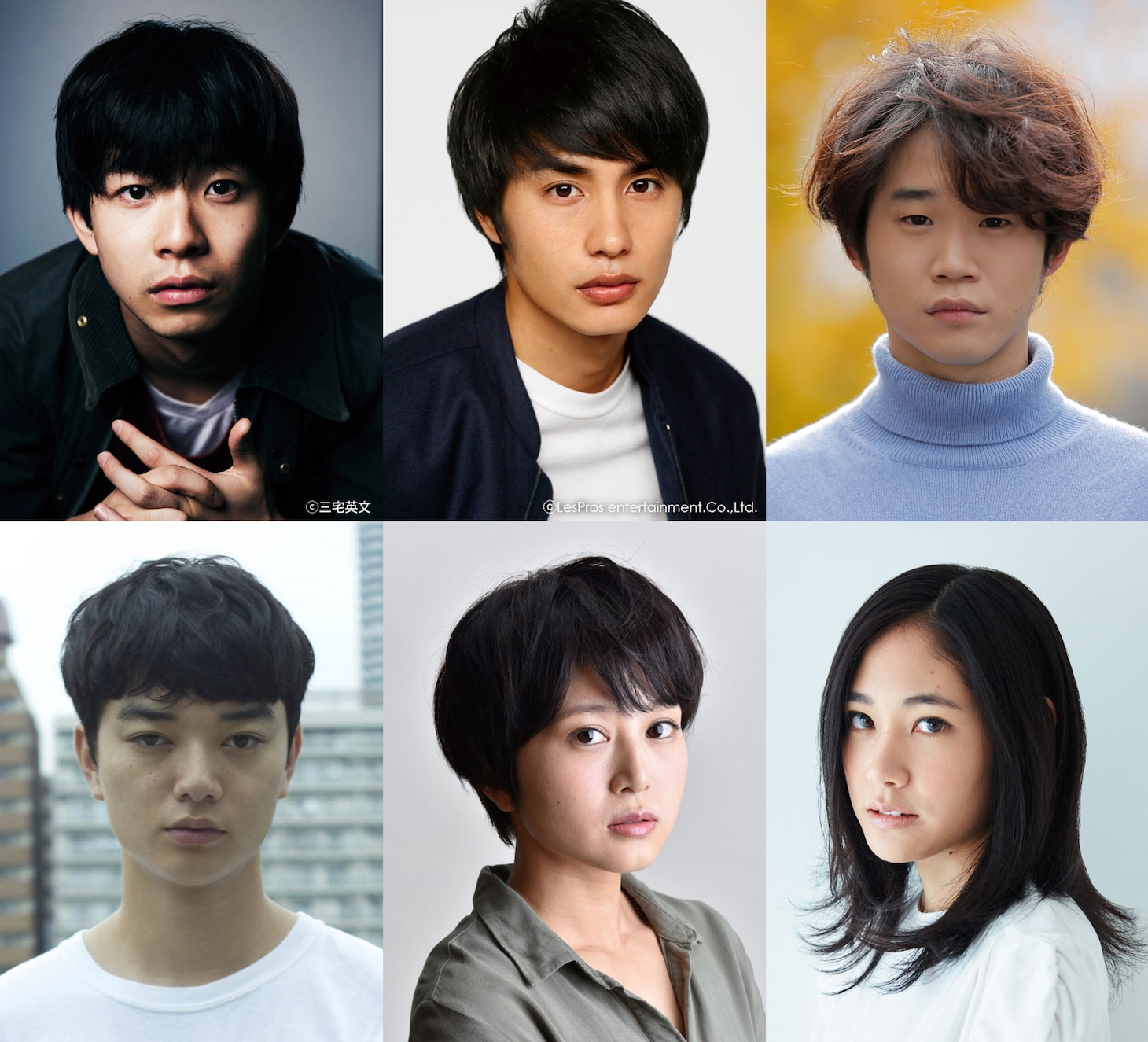 「ポンチョに夜明けの風はらませて」キャスト。上段左から時計回りに太賀、中村蒼、矢本悠馬、阿部純子、佐津川愛美、染谷将太。