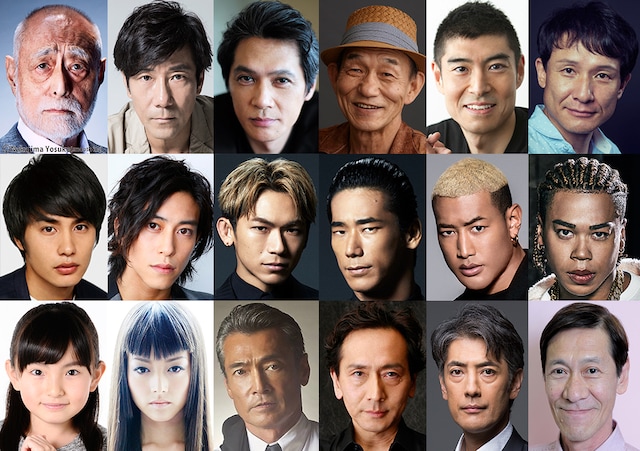 「HiGH&LOW THE MOVIE 2 / END OF SKY」「HiGH&LOW THE MOVIE 3 / FINAL MISSION」キャスト。上段左から津川雅彦、岸谷五朗、加藤雅也、笹野高史、高嶋政宏、木下ほうか。中段左から中村蒼、佐野岳、NAOTO、小林直己、関口メンディー、LIKIYA。下段左から鈴木梨央、祐真キキ、渡辺裕之、矢島健一、堀部圭亮、斎藤洋介。