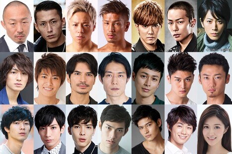 「HiGH&LOW THE MOVIE 2 / END OF SKY」「HiGH&LOW THE MOVIE 3 / FINAL MISSION」キャスト。上段左から武田幸三、黒石高大、武尊、城戸康裕、水野勝、田中俊介、廣瀬智紀。中段左から松田凌、西川俊介、尚玄、池上幸平、夕輝壽太、岩永ジョーイ、青木健。下段左から清原翔、陳内将、守屋光治、中谷太郎、JAY、西村一輝、葉加瀬マイ。