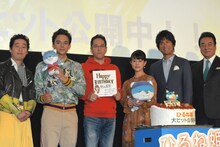 「ひるね姫 ～知らないワタシの物語～」舞台挨拶の様子。左から前野朋哉、満島真之介、神山健治、高畑充希、江口洋介、高橋英樹。