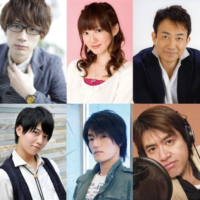 上段左より江口拓也、阿澄佳奈、関俊彦。下段左より斉藤壮馬、宮田幸季、金谷ヒデユキ。