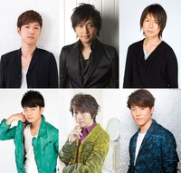 上段左からおそ松役の櫻井孝宏、カラ松役の中村悠一、チョロ松役の神谷浩史。下段左から一松役の福山潤、十四松役の小野大輔、トド松役の入野自由。