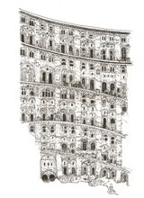 「INSIDE BABEL下絵（奥1）」大友克洋 2017年　インク、紙 (c)マッシュ・ルーム 大友克洋