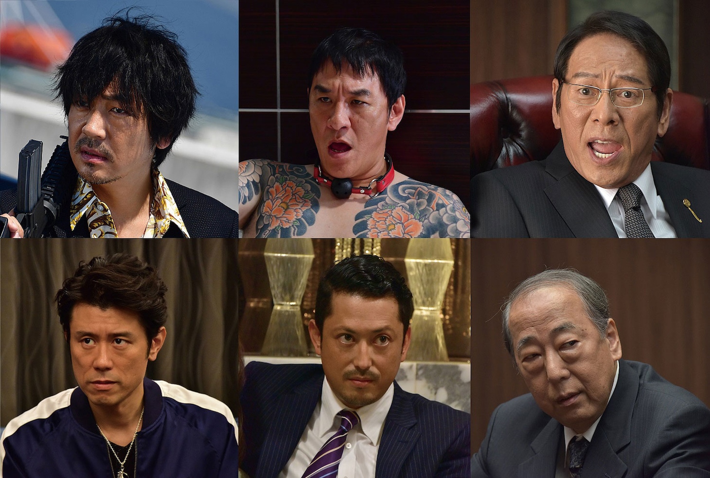 「アウトレイジ 最終章」追加キャスト写真。上段左から大森南朋、ピエール瀧、大杉 漣。下段左から原田泰造（ネプチューン）、池内博之、岸部一徳。