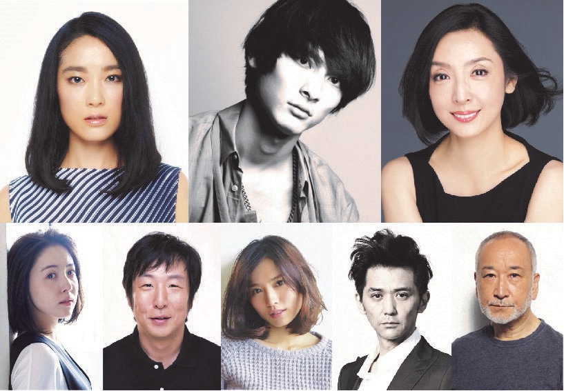 「月と雷」キャスト写真。上段左から初音映莉子、高良健吾、草刈民代。下段左から藤井武美、黒田大輔、市川由衣、村上淳、木場勝己。