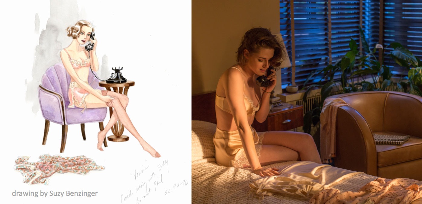 スージー・ベンジンガーによるデザイン画（左）、「カフェ・ソサエティ」よりクリステン・スチュワート（右）。Photo by Sabrina Lantos