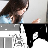 臼田あさ美演じるツチダ（上）と原作のツチダ（下）。(c)魚喃キリコ『南瓜とマヨネーズ』／祥伝社フィールコミックス