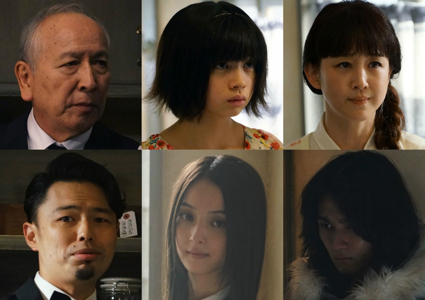 上段左から村井國夫演じる芳村功善、桜田ひより演じる笛口雛実、相田翔子演じる笛口リョーコ。下段左から浜野謙太演じる古間円児、佐々木希演じる入見カヤ、柳俊太郎演じる四方蓮示。