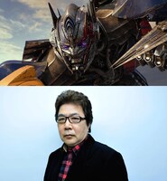 ダーク・オプティマス（上）、日本語吹替版キャストの玄田哲章（下）。