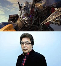 ダーク・オプティマス（上）、日本語吹替版キャストの玄田哲章（下）。