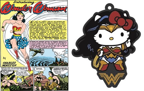 前売り券購入特典の復刻版DCコミックス（左）、ラバーキーホルダー（右）。