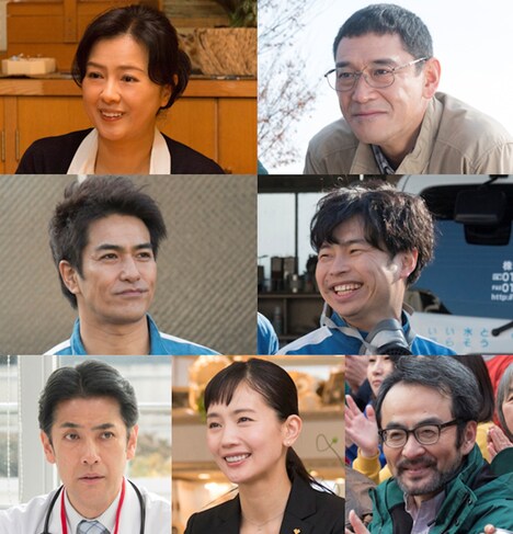 左上から時計回りに薬師丸ひろ子、杉本哲太、浜野謙太、古舘寛治、中村ゆり、堀部圭亮、北村一輝。
