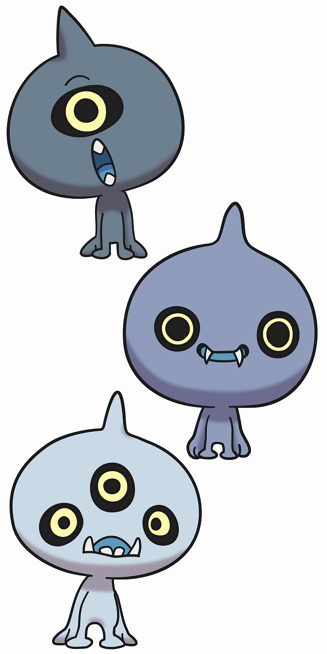 鬼まろのキャラクタービジュアル。上からオグ、トグ、モグ。