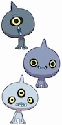 鬼まろのキャラクタービジュアル。上からオグ、トグ、モグ。