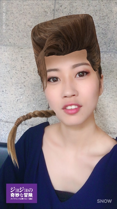 「ジョジョの奇妙な冒険 ダイヤモンドは砕けない 第一章」とSNOWのコラボレーションスタンプの使用例。