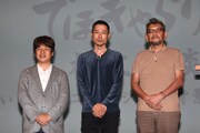 「でほぎゃらりー株主鼎談 ～いま、アニメーション背景を語る。～『メアリと魔女の花』公開記念企画」の様子。左から川上量生、西村義明、庵野秀明。