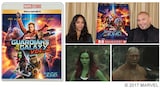 左から「ガーディアンズ・オブ・ギャラクシー：リミックス」のMovieNEX、ガモーラ役のゾーイ・サルダナ、ドラックス役のデイヴ・バウティスタ。