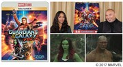 左から「ガーディアンズ・オブ・ギャラクシー：リミックス」のMovieNEX、ガモーラ役のゾーイ・サルダナ、ドラックス役のデイヴ・バウティスタ。
