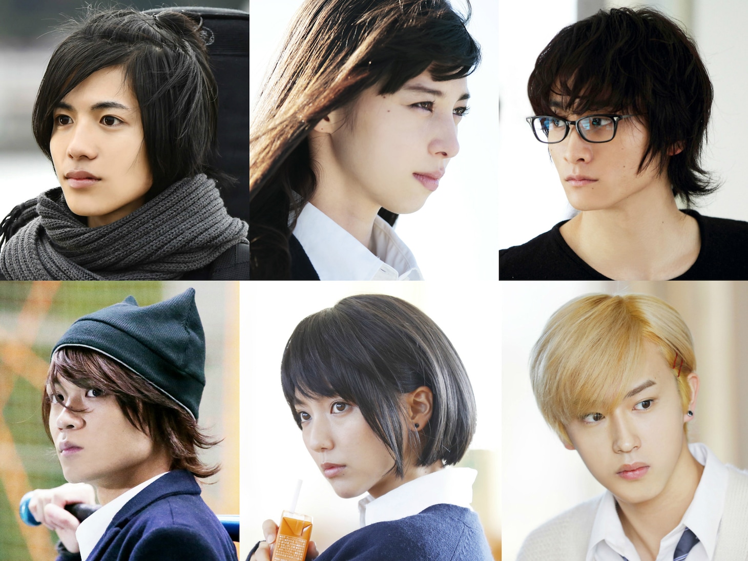 「覆面系ノイズ」キャラクター写真。左上から時計回りに、志尊淳演じるユズ、中条あやみ演じるニノ、小関裕太演じるモモ、杉野遥亮演じるハルヨシ、真野恵里菜演じる深桜、磯村勇斗演じるクロ。