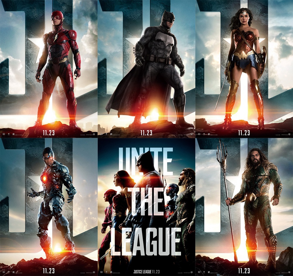 「ジャスティス・リーグ」キャラクターポスター。左上から時計回りにフラッシュ、バットマン、ワンダーウーマン、アクアマン、5人が集結したもの、サイボーグ。