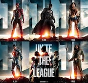 「ジャスティス・リーグ」キャラクターポスター。左上から時計回りにフラッシュ、バットマン、ワンダーウーマン、アクアマン、5人が集結したもの、サイボーグ。