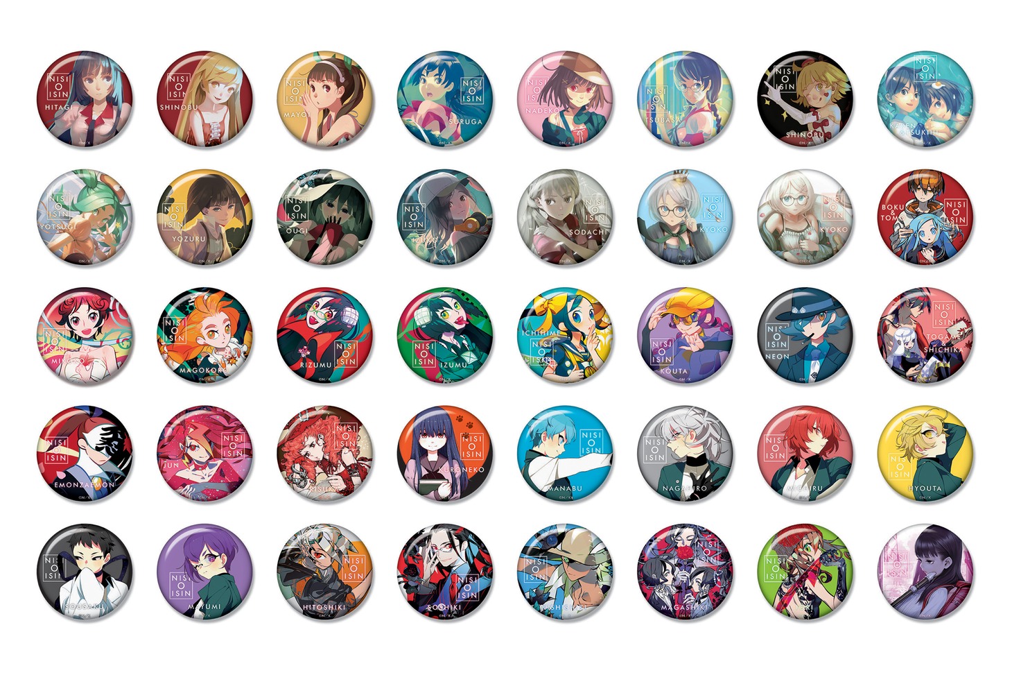 展覧会「西尾維新大辞展」グッズのトレーディング缶バッジ（全40種）。