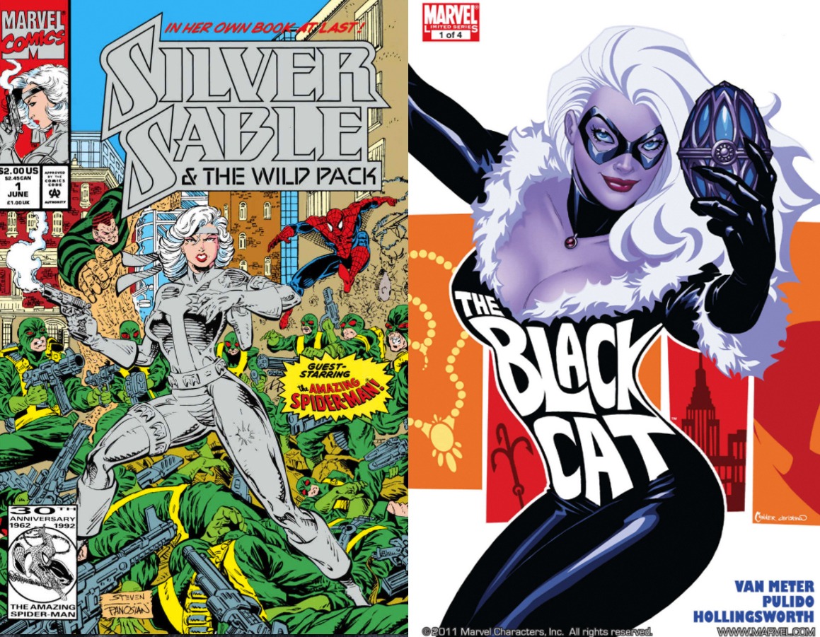 「Silver Sable & The Wild Pack (1992-1995) #1」表紙（左）と「Amazing Spider-Man Presents: Black Cat #1」表紙（右）。