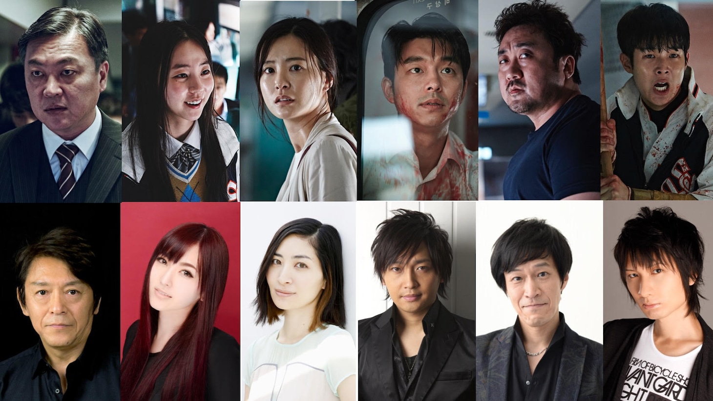 「新感染 ファイナル・エクスプレス」の登場人物（上段）、吹替キャスト（下段）。下段左よりヨンソク役の内田直哉、ジニ役の喜多村英梨、ソンギョン役の坂本真綾、ソグ役の中村悠一、サンファ役の小山力也、ヨングク役の前野智昭。
