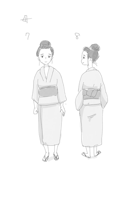 「ヘンリの赤い靴」より、今日マチ子が原案を担当したキャラクター（きみの母・かよ）。