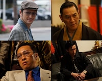 「孤狼の血」のキャスト。左上より時計回りに高坂隆文役の中村獅童、瀧井銀次役のピエール瀧、永川恭二役の中村倫也、吉田滋役の音尾琢真。