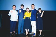 「機動戦士ガンダム THE ORIGIN 激突 ルウム会戦」の公開2週目舞台挨拶の様子。左から谷口理、喜山茂雄、潘めぐみ、三宅健太、茅野愛衣。