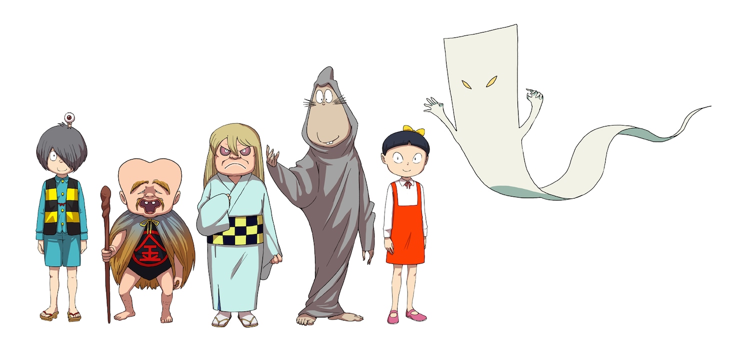 左から鬼太郎と目玉おやじ、子泣きじじい、砂かけばばあ、ねずみ男、ねこ娘、一反もめん。