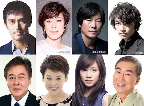 「のみとり侍」キャスト。上段左から時計回りに阿部寛、寺島しのぶ、豊川悦司、斎藤工、桂文枝、前田敦子、大竹しのぶ、風間杜夫。