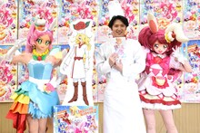 左からキュアパルフェ、ジャン＝ピエール・ジルベルスタインのパネル、尾上松也、キュアホイップ。