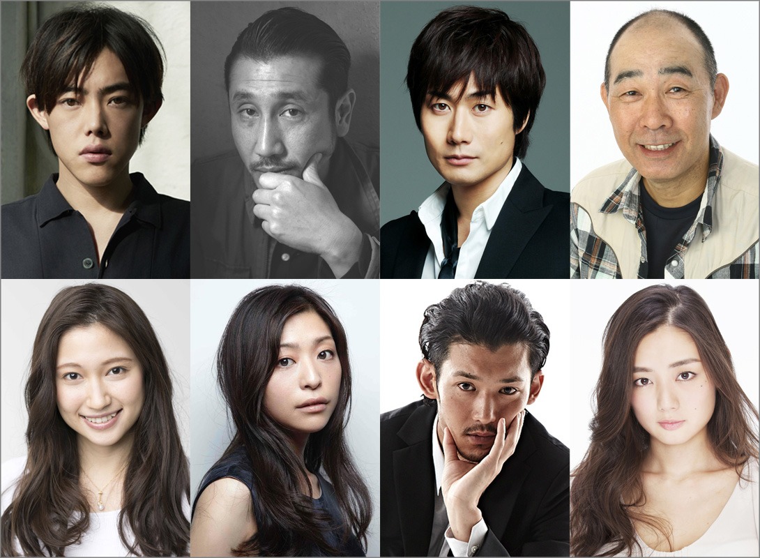 「TANIZAKI TRIBUTE」キャスト。上段左から時計回りに、吉村界人、渋川清彦、戸次重幸、でんでん、片山萌美、淵上泰史、内田慈、大野いと。