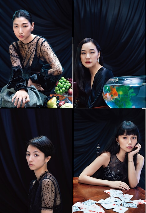 左上から時計回りに安藤サクラ、蒼井優、宮崎あおい、満島ひかり。（撮影：蜷川実花）