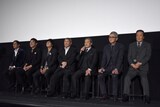 左から大杉漣、ピエール瀧、大森南朋、北野武、西田敏行、松重豊、金田時男。