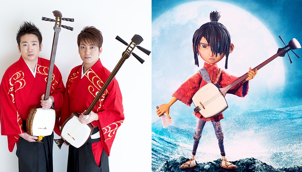 吉田兄弟（左）と「KUBO／クボ 二本の弦の秘密」ビジュアル（右）。