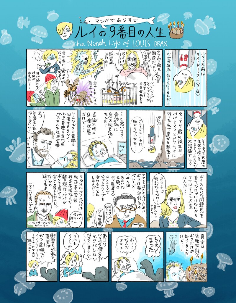 死後くんが描き下ろした、「ルイの9番目の人生」のあらすじマンガ。
